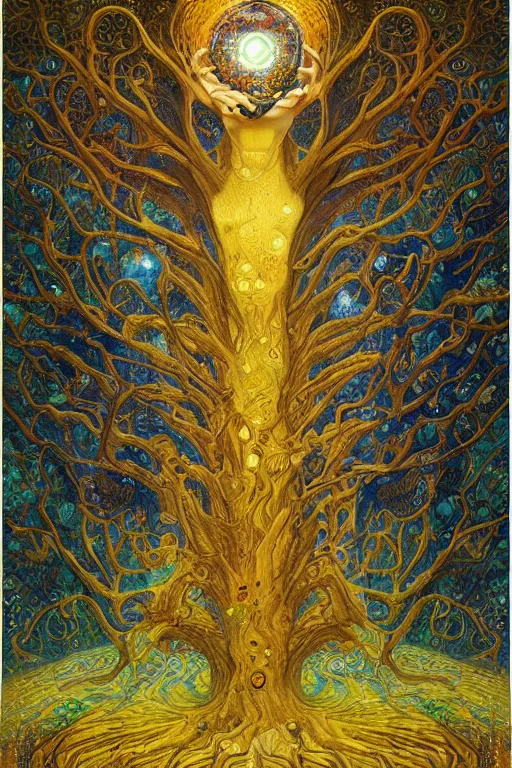 Image similar to Tree of Life by Karol Bak, Jean Deville, Gustav Klimt, and Vincent Van Gogh, Surreality, radiant halo, jeweled leaves, otherworldly, enigma, fractal structures, celestial, arcane, ornate gilded medieval icon, third eye, spirals