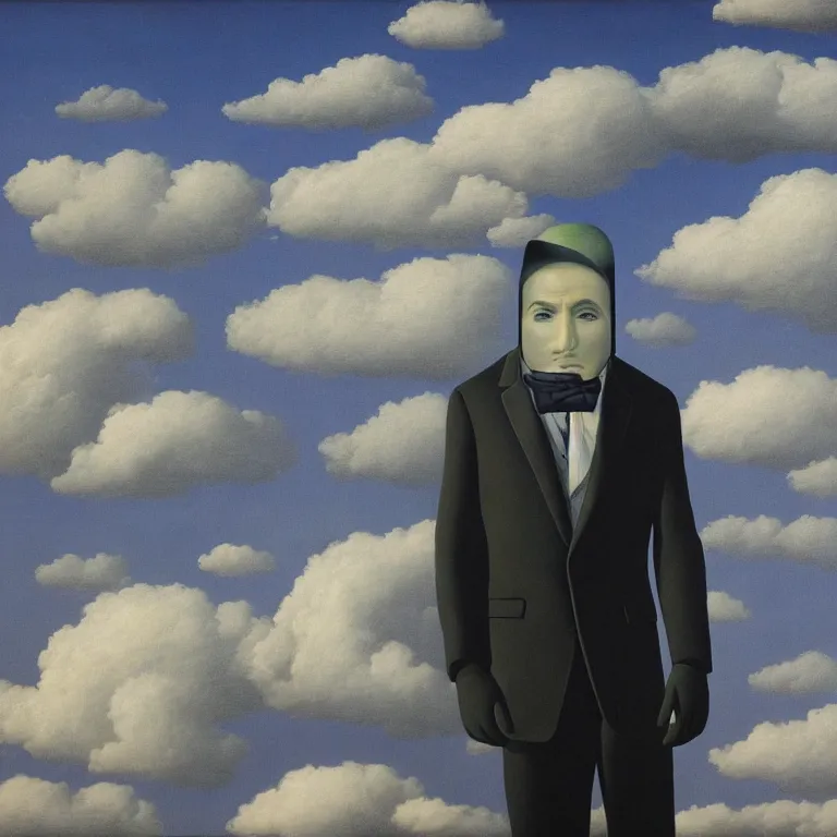 Image similar to portrait of a faceless detailed reflective chrome - head man in a suit and black gloves, clouds and nature landscape in the background, by rene magritte, very highly detailed painting, distance, centered, hd, hq, high resolution, high detail, beautiful, 4 k, 8 k