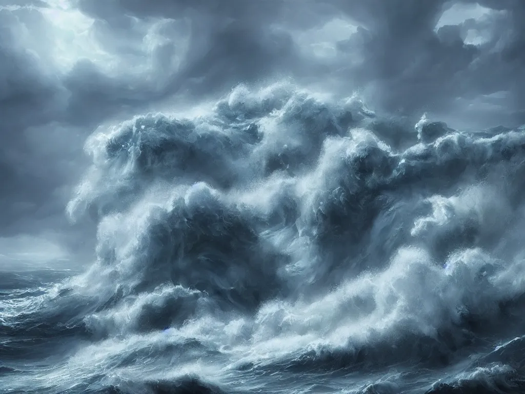 Prompt: a dark storm closes in over the ocean with waves of water crashing down, lightning and rain, digital painting, fantasy, art by alexandre mahboubi and christophe oliver