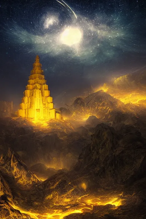 Prompt: yellow glowing ancient temple between mountains, star trails above, dramatic lighting, artstation, matte painting, filip hodas