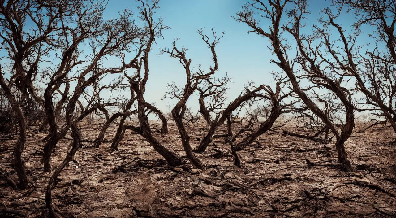 Prompt: close shot of a 65-year-old Gaia, crying one single tear, facing the camera and sitting on a dried up river in a desolate land, dead trees, blue sky, hot and sunny, highly-detailed, elegant, dramatic lighting, artstation, 4k, cinematic landscape, photograph by Elisabeth Gadd