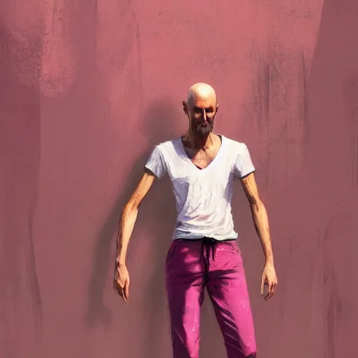 Image similar to bald skinny man in a pink t - shirt and pink pants, digital art, by greg rutkowski