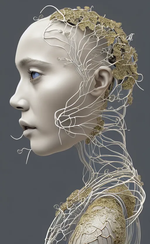 Image similar to complex 3d render of a beautiful porcelain profile woman face, vegetal dragon cyborg, 150 mm, beautiful natural soft light, rim light, silver gold details, magnolia leaves and stems, roots, fine lace, maze like, mandelbot fractal, anatomical, facial muscles, cable wires, microchip, elegant, highly detailed, white metallic armour, octane render, black and white, H.R. Giger style