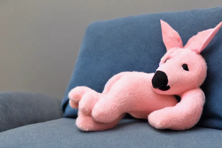 Prompt: a high quality 3 5 mm photo of a pink chubby stuffed animal kangaroo, wearing a dark blue shirt, large ears, pointy nose, on a couch, trending on artstation, sharp focus, kids toy