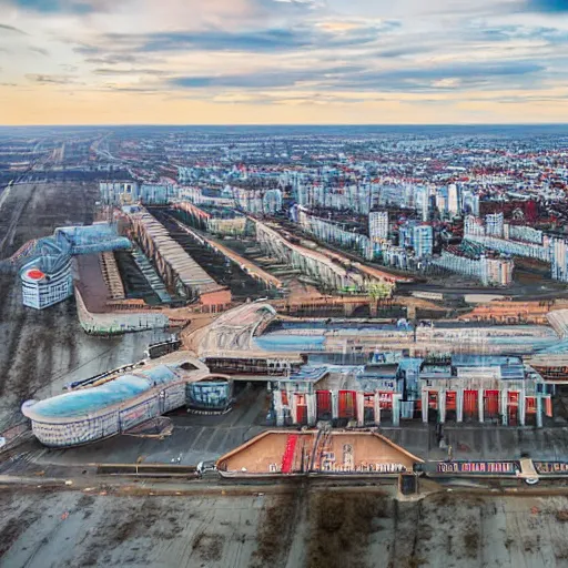 Image similar to Aerial photo of a Minsk city after apocalypse, Minsk Railway station, ultra detailed, High resolution, 4k, nuclear war, alien invasion