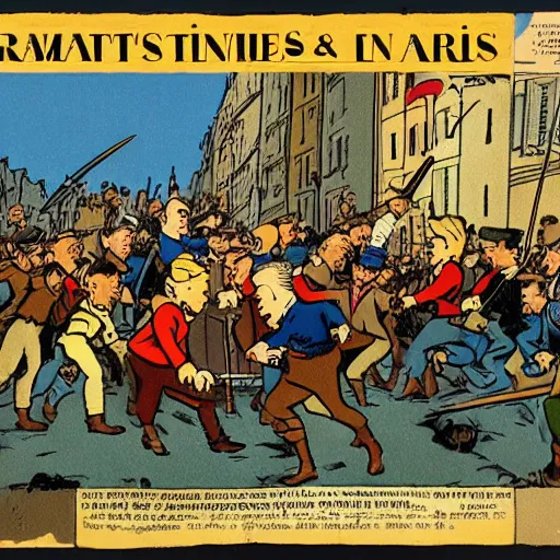 Image similar to Tintin and other revolutionaries on the barricades of Paris in 1848, The Adventures of Tintin, by Hergé, 8k