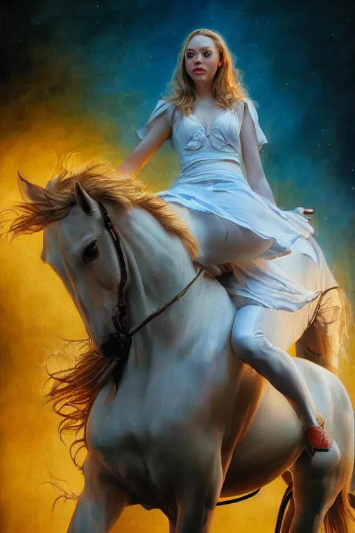 Image similar to Detailed picture of Amanda Seyfried riding a white horse, strong neon lighting, by glenn fabry, hyper realistic, HD, oil on canvas
