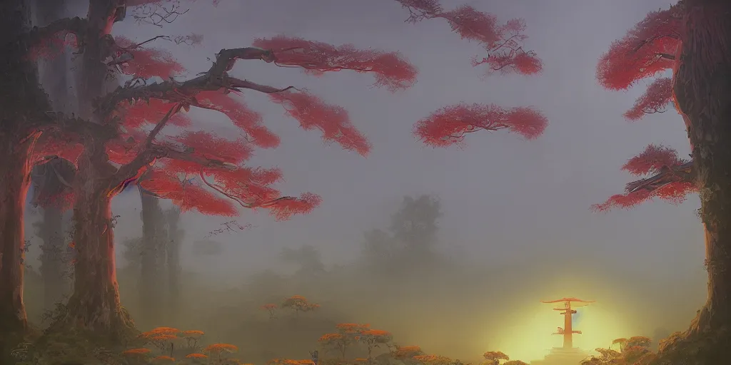 Image similar to foggy japanese shrine!!! a highly detailed cinematic oil painting by roger dean and alena aenami, dynamic lighting