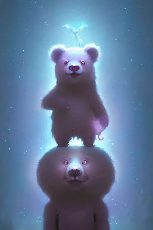 Prompt: a surreal Bioluminescent, very very very cute lost bear in a happy world by Daniel Merriam, Trending on Artstation, oil on Canvas by Elena Zhurikhina and Goro Fujita and Charlie Bowater, octane render, 4k, 8k, HD