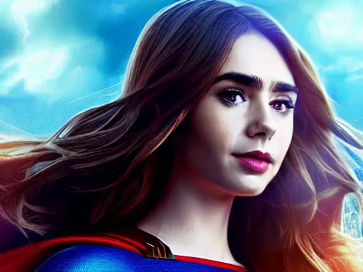 Image similar to a potrait of Lily Collins as Supergirl with man of steel suit style and full armour by Zack Snyder , 8k photorealistic, cinematic lighting, HD, high details, dramatic, trending on artstation, full body shot