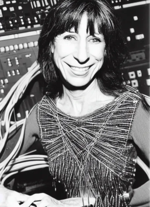 Image similar to Suzanne Ciani wearing a dress made out of synthesizer cables designed by Julius