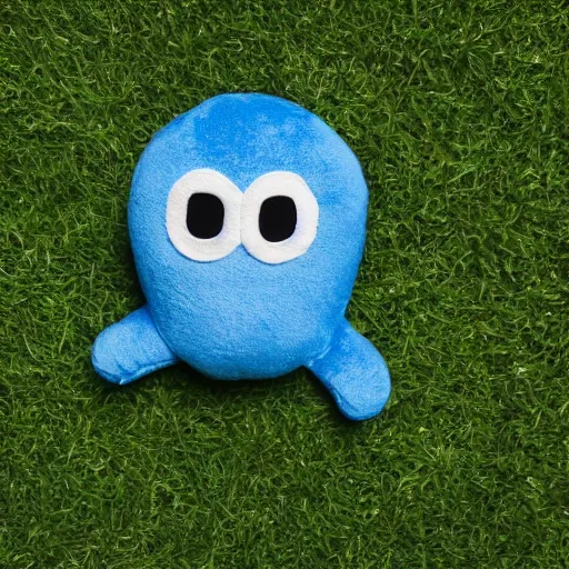 Prompt: blue'snappy gifts'plush doll with smiley face on grass, gifts, happy atmosphere, high detail, soft lighting, 8 k