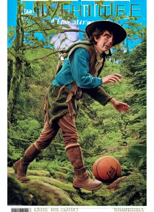 Image similar to a hobbit wearing hiking boots and teal gloves playing basketball in a forest, cover of time magazine, by bonestell chesley
