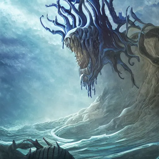 Prompt: A dead Eldritch god laying at the bottom of the ocean, Dungeons and Dragons book cover, epic art, 4K