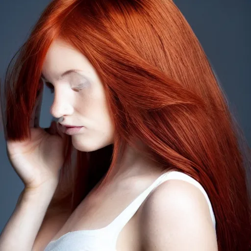 Image similar to a very beautiful young woman with auburn hair with a streak of white