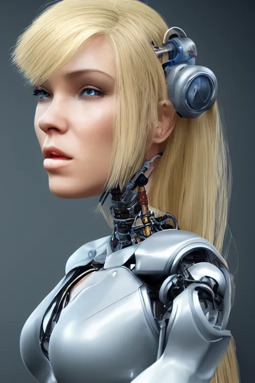 Image similar to a beautiful woman with blonde hair wearing robot suit with wires and light, highly detailed, photorealistic, artstation, smooth