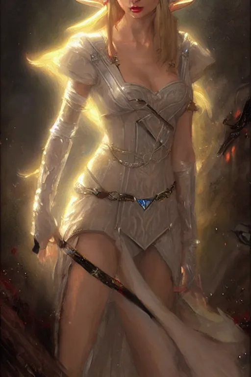 Prompt: taylor swift as princess zelda as a magic the gathering card portrait dnd, painting by gaston bussiere, craig mullins, greg rutkowski, yoji shinkawa