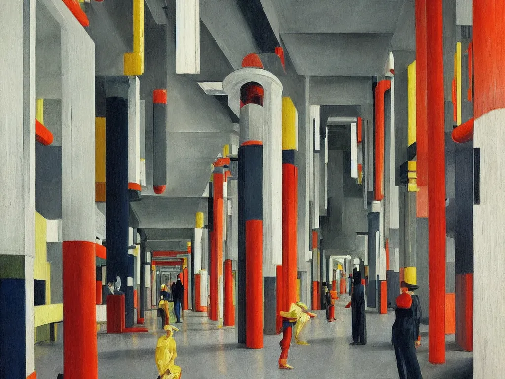 Image similar to colorful minimalist industrial interior hallway with monolithic pillars in the style of ridley scott and stanley kubrick, impossible stijl architecture, crowded with victorian era figures, ultra view angle view, realistic detailed painting by edward hopper