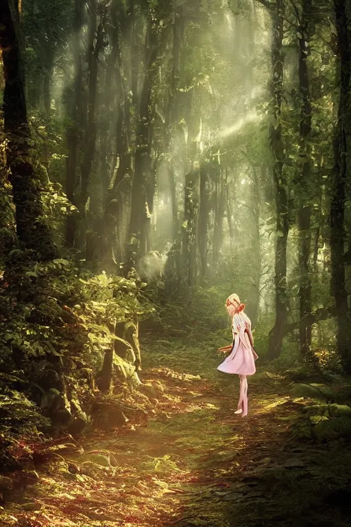 Prompt: a beautiful elf princess walking in an enchanted forest, beautiful and symmetrical face, light rays sieving through the trees, evening, warm light, hyperrealistic, 4K, trending on artstation