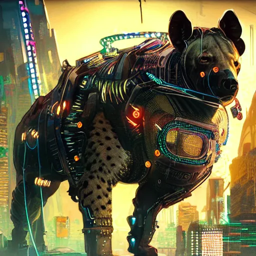 Image similar to cyborg hyena in cyberpunk 2 0 7 7, wires and neon lights, realistic highly detailed video game concept art,