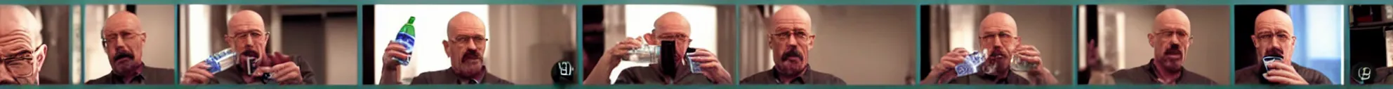 Prompt: 8 consistent frames from a video showing walter white drinking from a water bottle