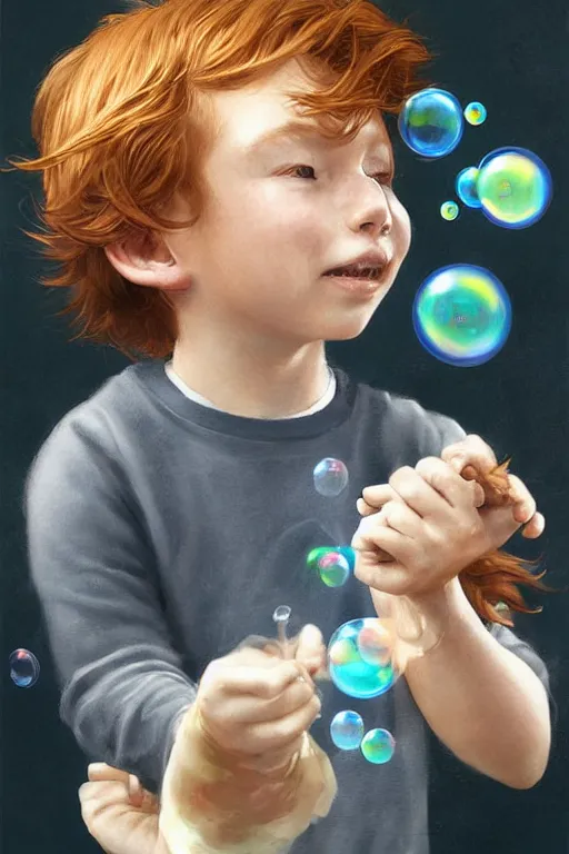 Image similar to a little boy with ginger hair chasing bubbles. clean elegant painting, beautiful detailed face, lots of bubbles. by artgerm and greg rutkowski