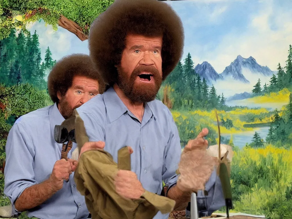 Prompt: bob ross is sad and angry and yelling at a huge nature painting by bob ross