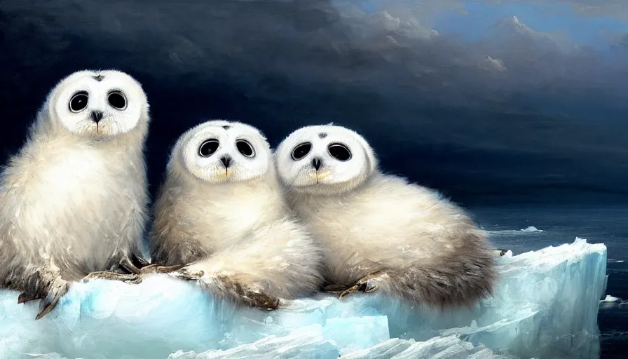 Image similar to highly detailed painting of cute furry white baby seal owls with big furry antlers cuddling into each other on a blue and white iceberg by william turner, by greg rutkowski, by william constable, thick brush strokes and visible paint layers, 4 k resolution