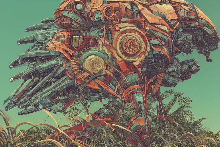 Image similar to gigantic mecha head, a lot of exotic vegetation, trees, flowers by moebius, dull colors, junji ito, tristan eaton, victo ngai, artgerm, rhads, ross draws, hyperrealism, intricate detailed, risograph