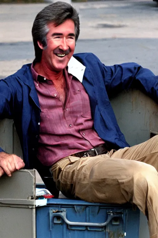 Prompt: randy mantooth laughing sitting in a dumpster drinking beer