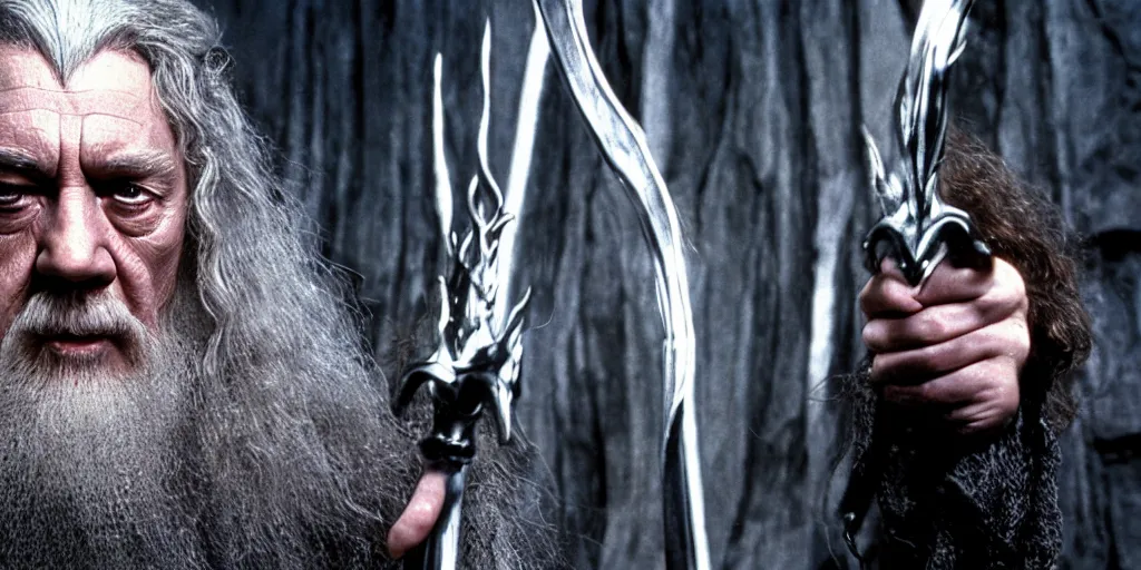 Image similar to movie still, lord of the rings directed by ridley scott, gandalf in the style of h. r. giger, holding a metallic staff, dark, cinematic, cinemascope