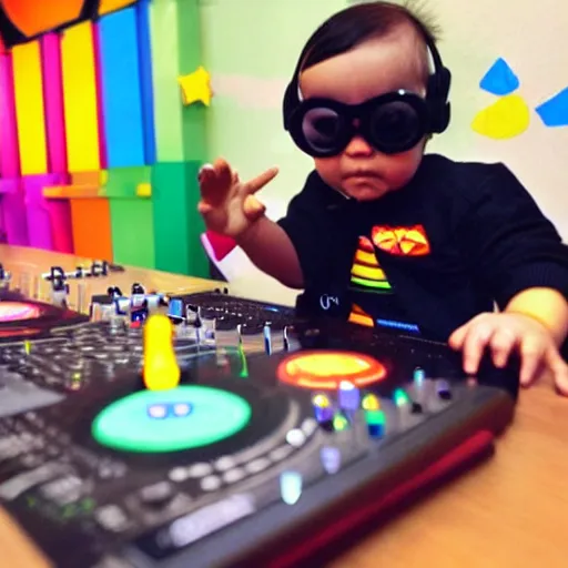 Image similar to baby Skrillex dj'ing at a daycare