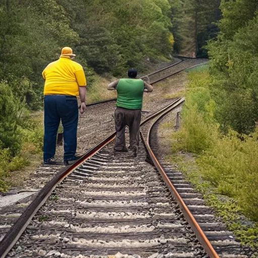 Prompt: All we had to do was follow the damn train, high quality photograph, a man on a yellow dirtbike and a fat man in green shirt standing next to him