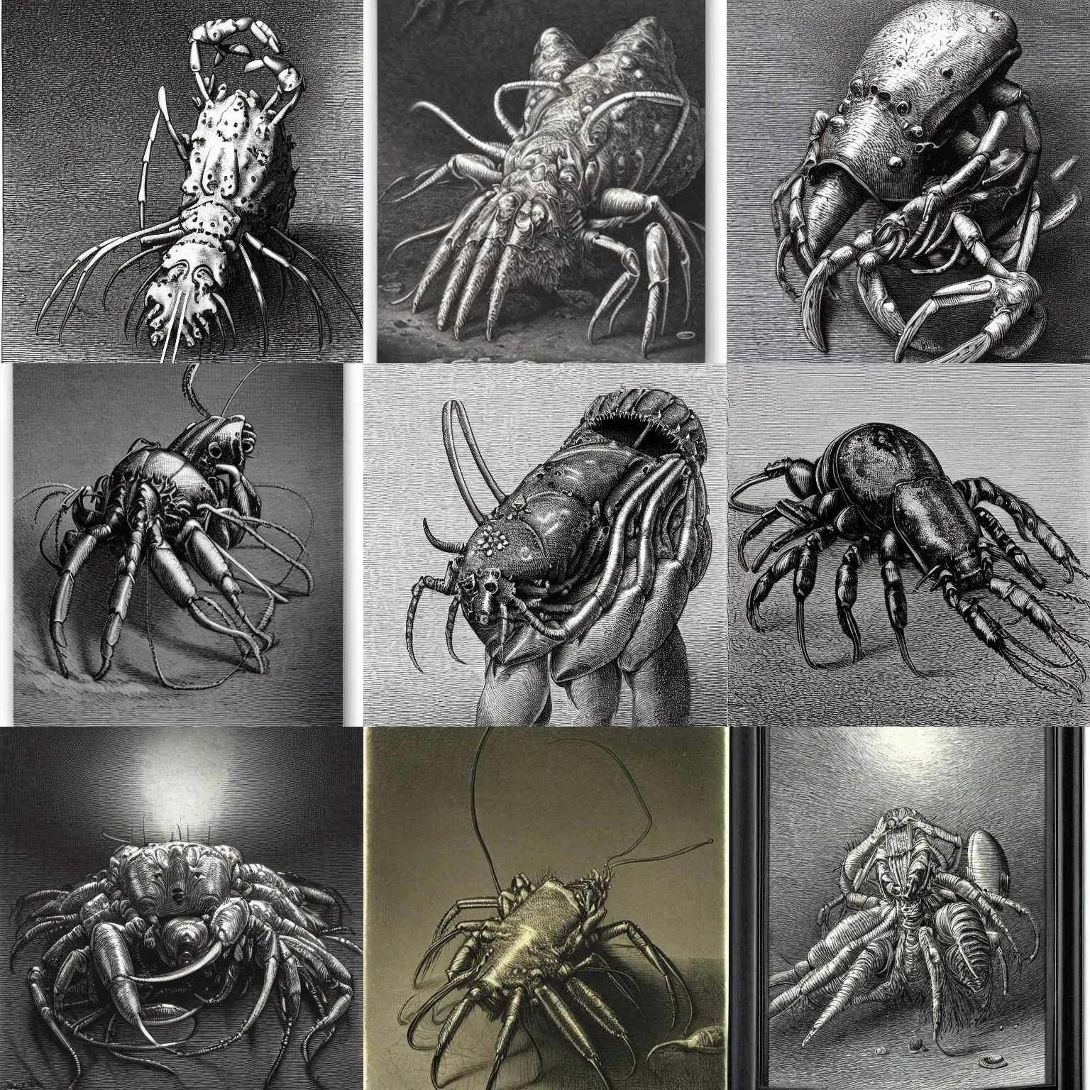 Prompt: dust mite with a lobster claw mouth by gustave dore