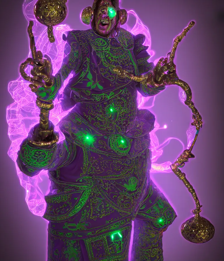 Image similar to front!!! shot of a court jester!!! character, hyperdimensional, bioluminescent hypercubes, dark holography!!!, future, chrome, (((intricate))), (octane render, nvidia raytracing demo), elegant, highly detailed, centered, (((artstation, concept art, smooth, sharp focus, artgerm, Tomasz Alen Kopera, Peter Mohrbacher, donato giancola, Joseph Christian Leyendecker, WLOP, Boris Vallejo))), mugshot!!!!!, ugly!!!!!!, octane render, nvidia raytracing demo, octane render, nvidia raytracing demo, octane render, nvidia raytracing demo, grainy, muted, 8K, digitalblasphemy, metatron