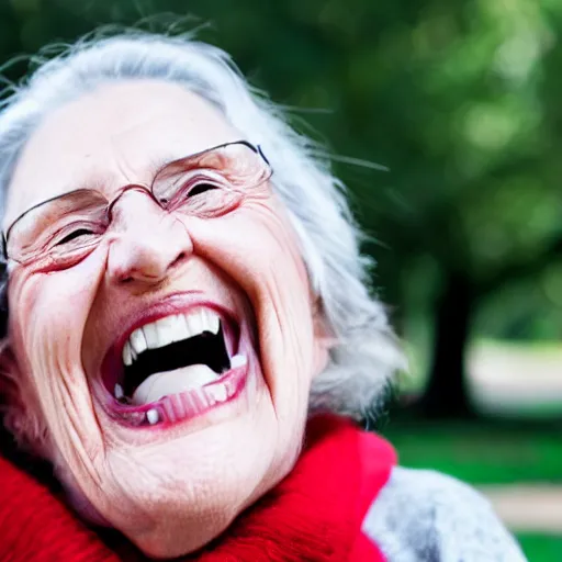 Image similar to an old woman laughing in a park. she has a thin translucent oxygen tubing under her nose