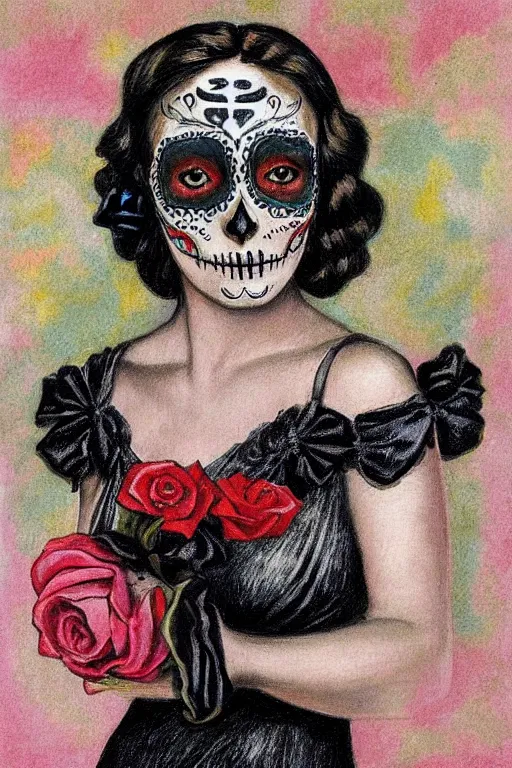 Prompt: illustration of a sugar skull day of the dead girl, art by dod procter