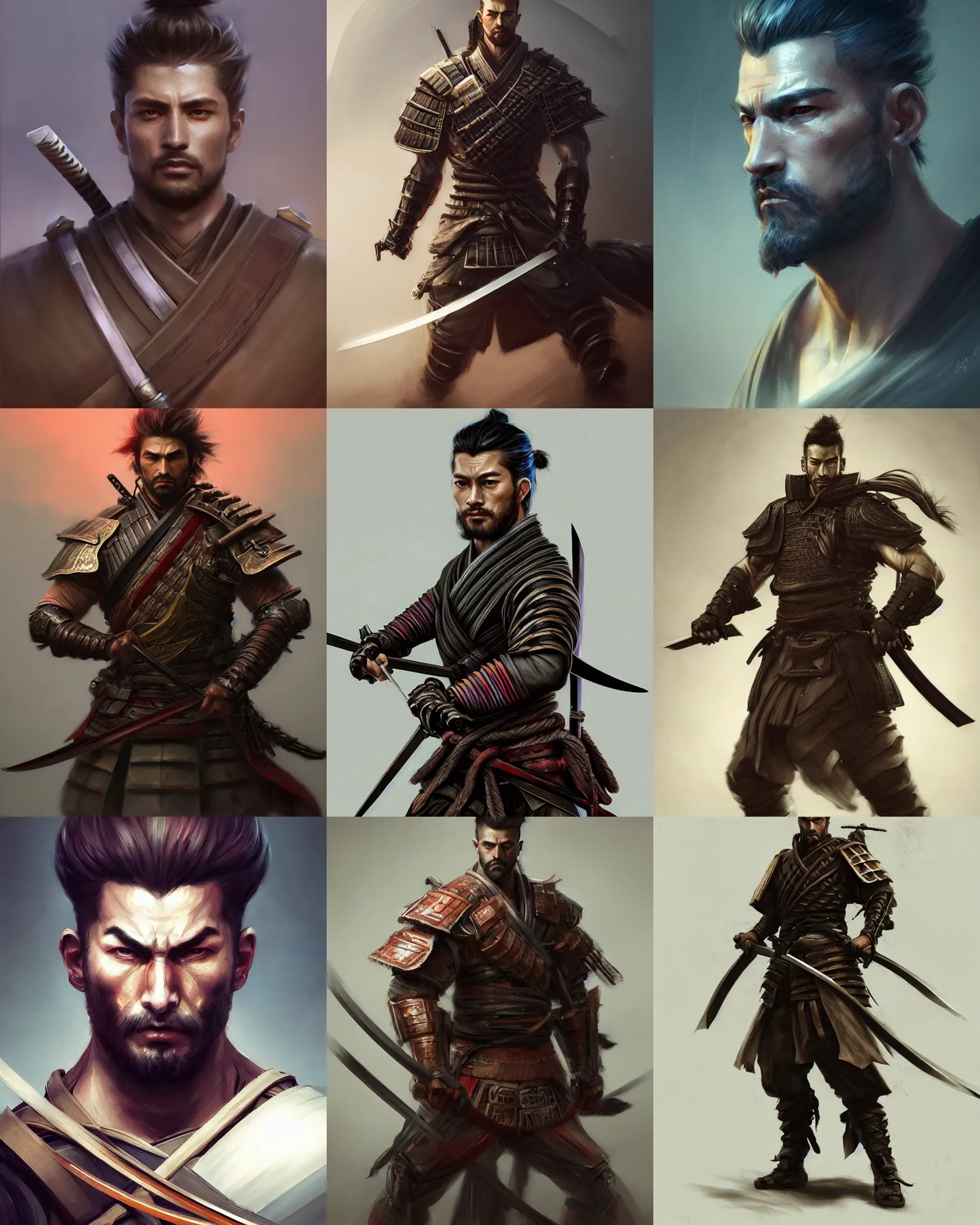 Prompt: full length portrait of a handsome and muscular ronin, square masculine facial features, short messy hair, katana, by wlop and peter mohrbacher, samurai, extremely detailed shading, concept art, digital painting, trending on artstation, unreal engine 5, octane render, atmosphere, glow, cinematic lighting, full of color