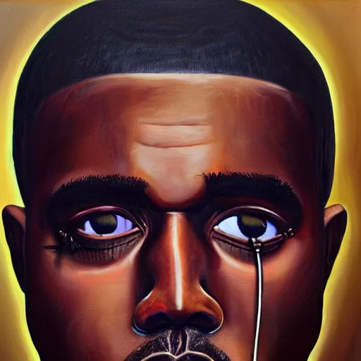 Image similar to a realistic oil painting of a cybernetic kanye west cyborg, surrealism portrait, post apocalyptic album cover