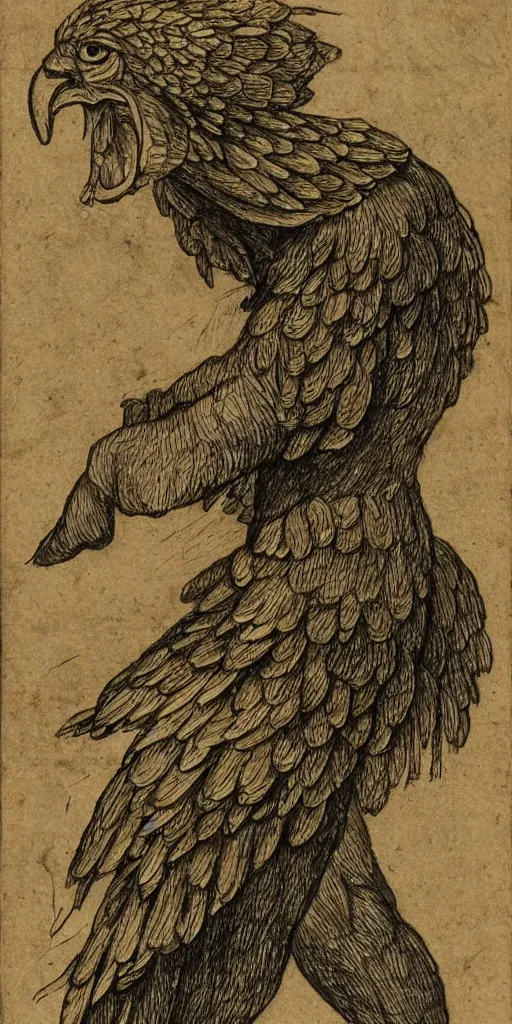 Image similar to human - eagle creature with one big beak, drawn by da vinci