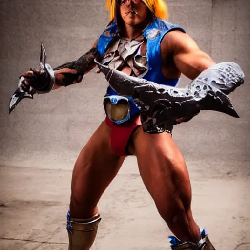 Image similar to cosplayer wearing cosplay based on a combination of he man and skelletor. photography, photo real. photoshoot. full body. action pose. hyper realistic.