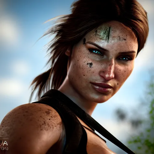 Prompt: photograph portrait of Lara Croft, intricate detail, sigma 85mm f/1.4, 4k, depth of field, high resolution, 4k, 8k, hd