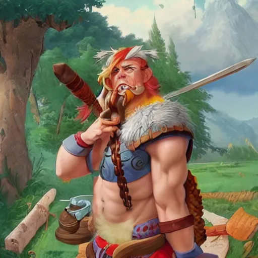 Prompt: a portrait of a cartoon character that has been brought to the real world, a a barbarian with a kind heart, the setting is a normal suburban backyard by Huang Guangjian and Gil Elvgren and Sachin Teng, 8k,