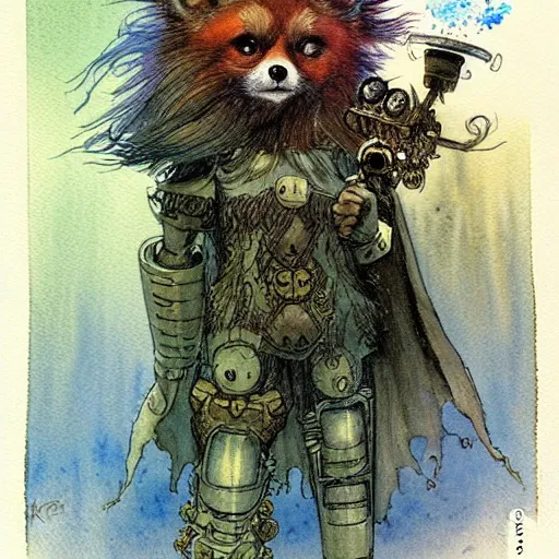 Image similar to a simple and atmospheric watercolour fantasy character concept art portrait of a mechanized android pomeranian as a druidic warrior wizard looking at the camera with an intelligent gaze, very muted colors, by rebecca guay, michael kaluta, charles vess and jean moebius giraud