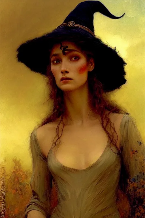 Image similar to a half body portrait of witch wearing witch dress and hat, high detail, cleary see face, by gaston bussiere, bayard wu, greg rutkowski, odd nerdrum, maxim verehin, dan dos santos, masterpiece, sharp focus, cinematic lightning