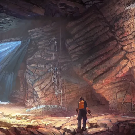 Prompt: concept art painting of inside a mine mineshaft with rock crystals, realistic, detailed, cel shaded, in the style of makoto shinkai and greg rutkowski and james gurney