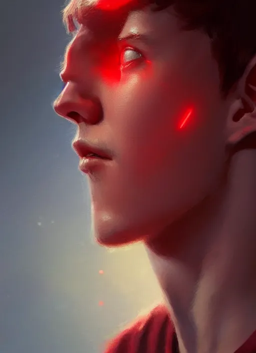 Image similar to portrait of tom holland, hazel eyes, red shirt, intricate, elegant, glowing lights, highly detailed, digital painting, artstation, concept art, smooth, sharp focus, illustration, art by wlop, mars ravelo and greg rutkowski