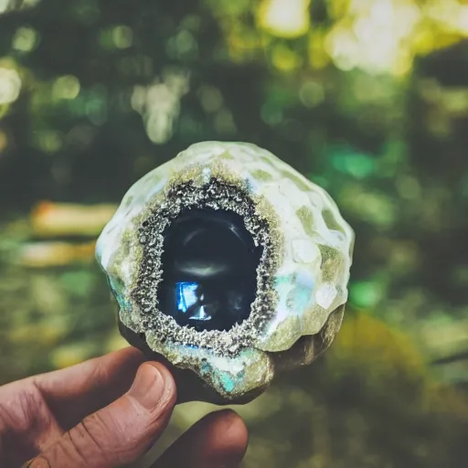 Image similar to photography of a geode with a a small body of an alien skellet inside it