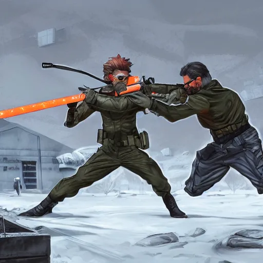 Prompt: Solid Snake and Gordon Freeman fight on an abandoned military base, winter, very detailed, hyper realism, epic, close-up fight, digital art, concept art, illustration, artstation, cgi, 4k