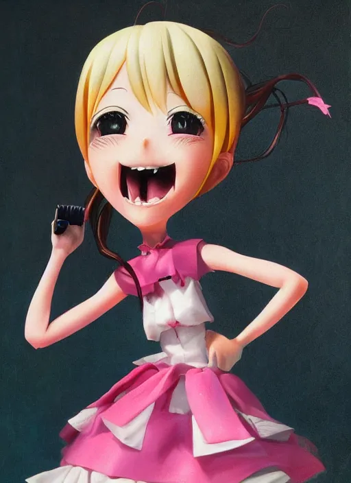 Image similar to a hyperrealistic oil panting of a kawaii anime girl figurine caricature with a big dumb grin featured on nickelodeon by dave mckean